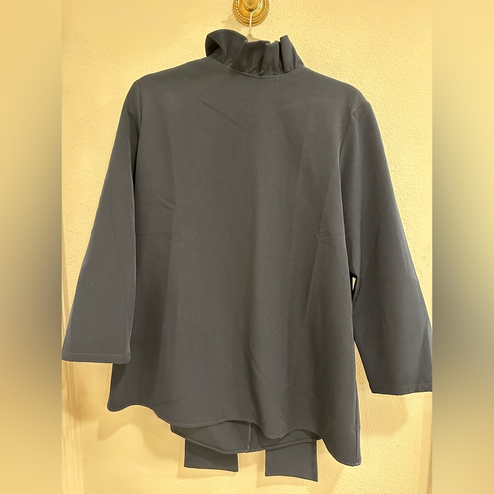 Tuckernuck Navy Ruffle Neck Blouse